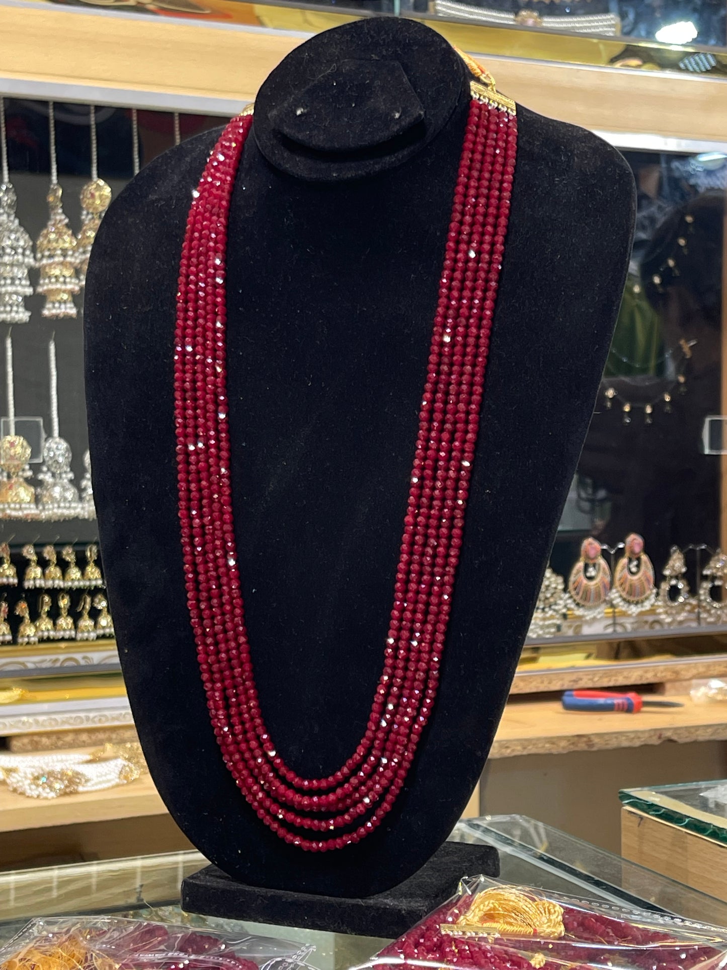 5 Layers Ruby Color Beads Mala Necklace | Traditional Layered Mala | Jhaverys Jewel