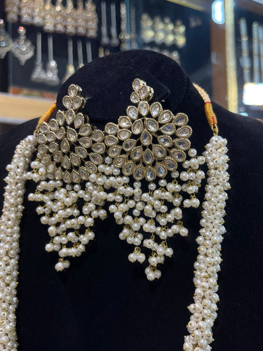 Kundan Long Pearls Earrings & Mala