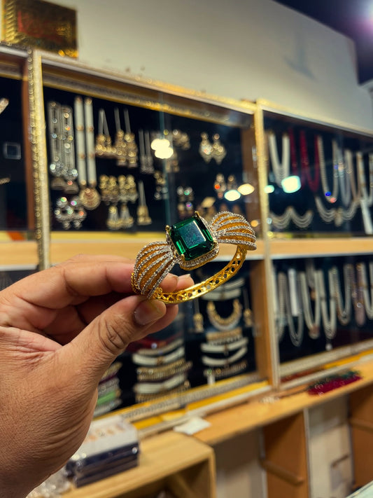 Now Get 24KT Gold Look Jhaverys Jewellery Present Gold Plated Bracelete With Emerald Standard Openeable Sizes
