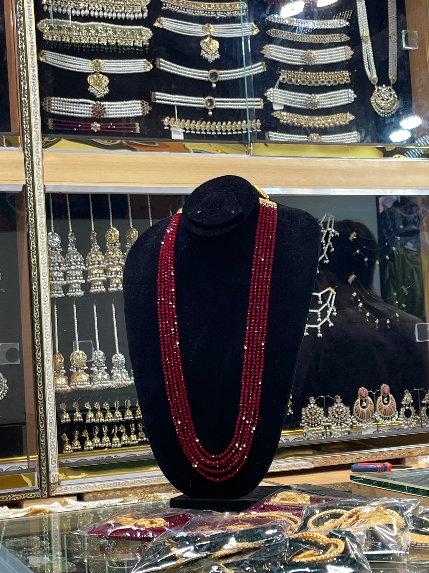 5 Layers Ruby Color Beads Mala Necklace | Traditional Layered Mala | Jhaverys Jewel