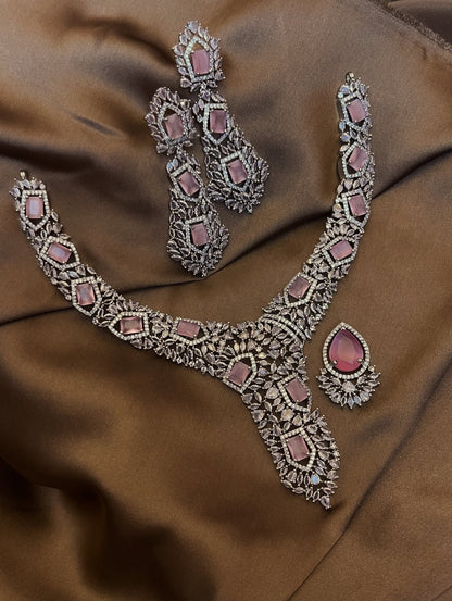 Zircon Ad Necklace Set  PINK
