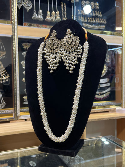 Kundan Long Pearls Earrings & Mala