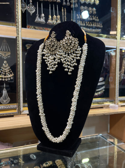 Kundan Long Pearls Earrings & Mala