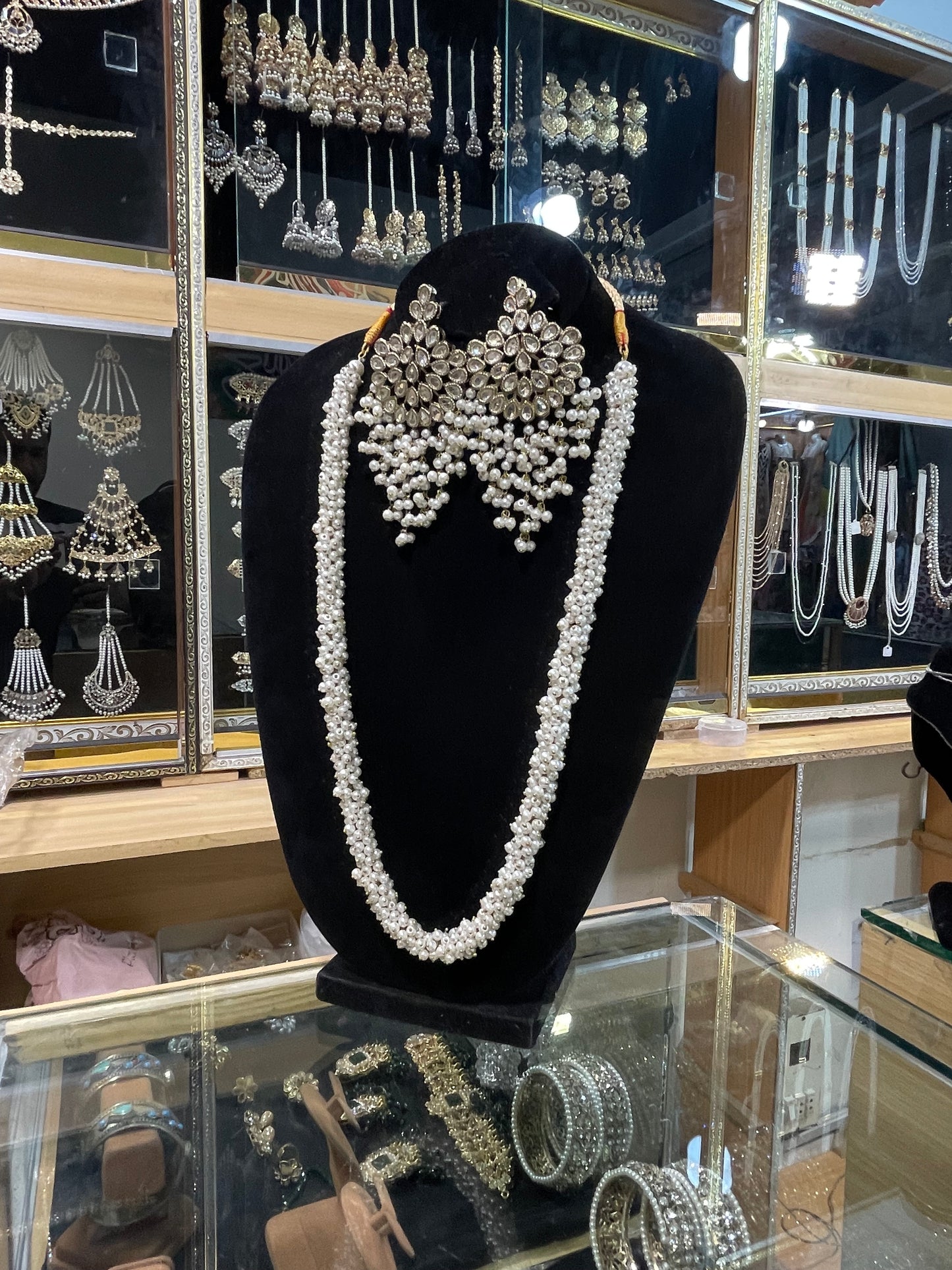 Kundan Long Pearls Earrings & Mala