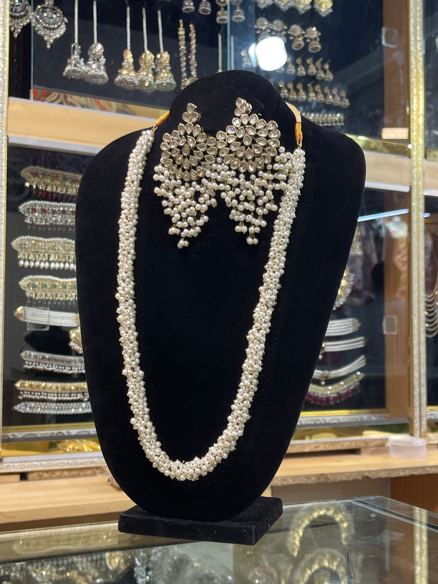 Kundan Long Pearls Earrings & Mala